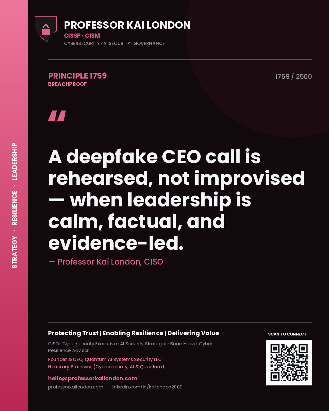 Quote card by Professor Kai London reading 'A deepfake CEO call is rehearsed, not improvised — when leadership is calm, factual, and evidence-led.'. From the book Breachproof.