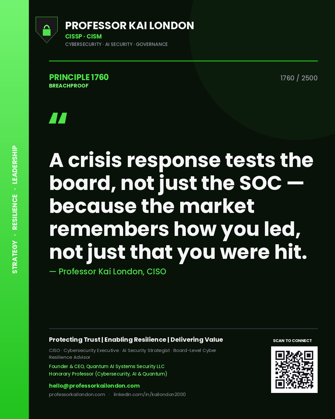 Quote card by Professor Kai London reading 'A crisis response tests the board, not just the SOC — because the market remembers how you led, not just that you were hit.'. From the book Breachproof.