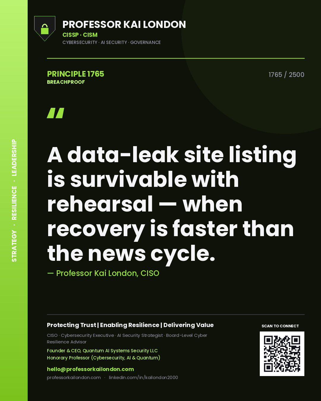 Professor Kai London principle 1765: A data-leak site listing is survivable with rehearsal — when recovery is faster than the news cycle.