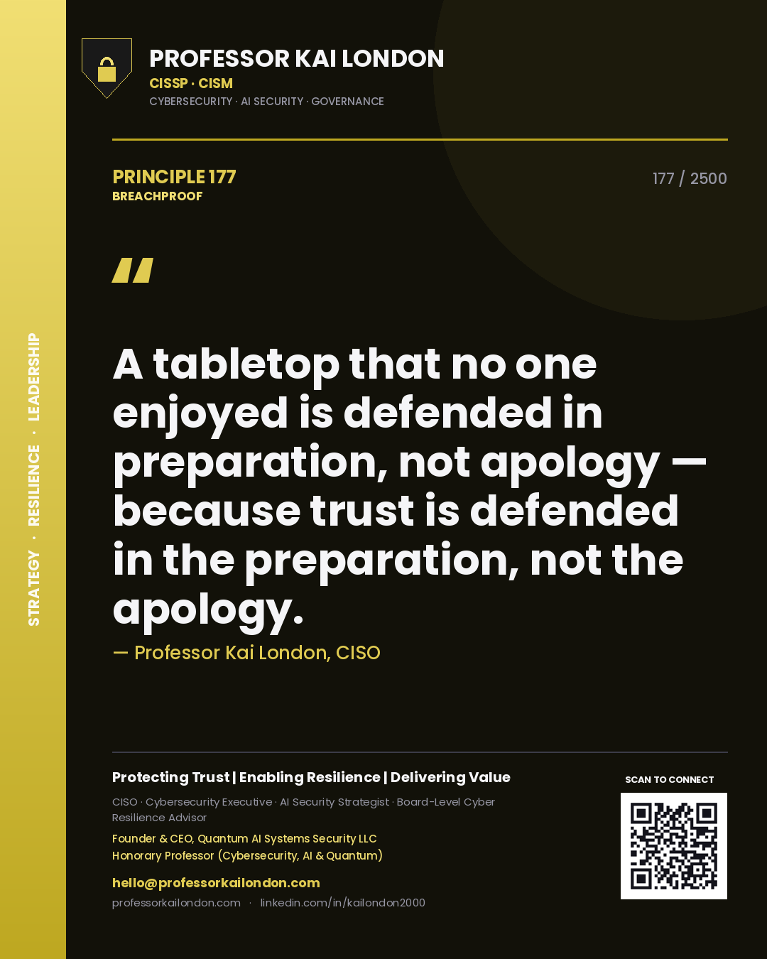Quote card by Professor Kai London reading 'A tabletop that no one enjoyed is defended in preparation, not apology — because trust is defended in the preparation, not the apology.'. From the book Breachproof.