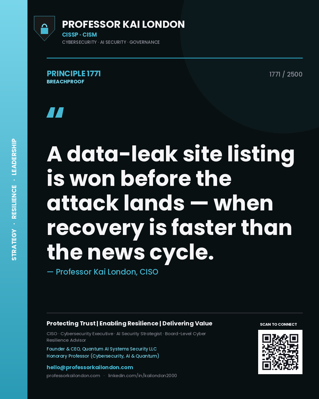 Quote card by Professor Kai London reading 'A data-leak site listing is won before the attack lands — when recovery is faster than the news cycle.'. From the book Breachproof.