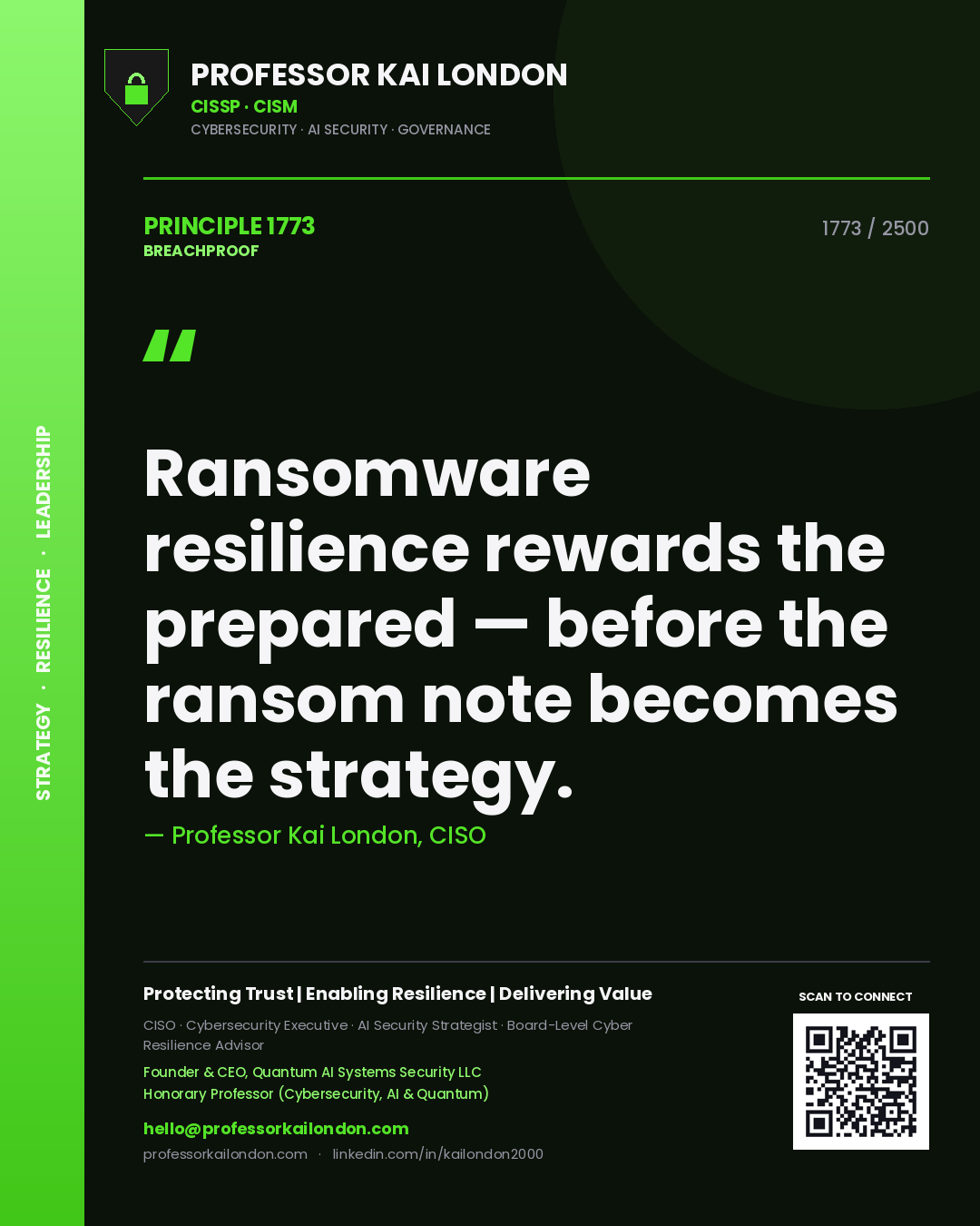 Quote card by Professor Kai London reading 'Ransomware resilience rewards the prepared — before the ransom note becomes the strategy.'. From the book Breachproof.