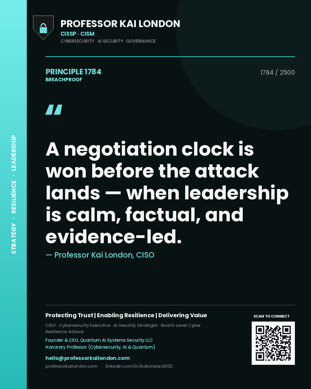 Quote card by Professor Kai London reading 'A negotiation clock is won before the attack lands — when leadership is calm, factual, and evidence-led.'. From the book Breachproof.