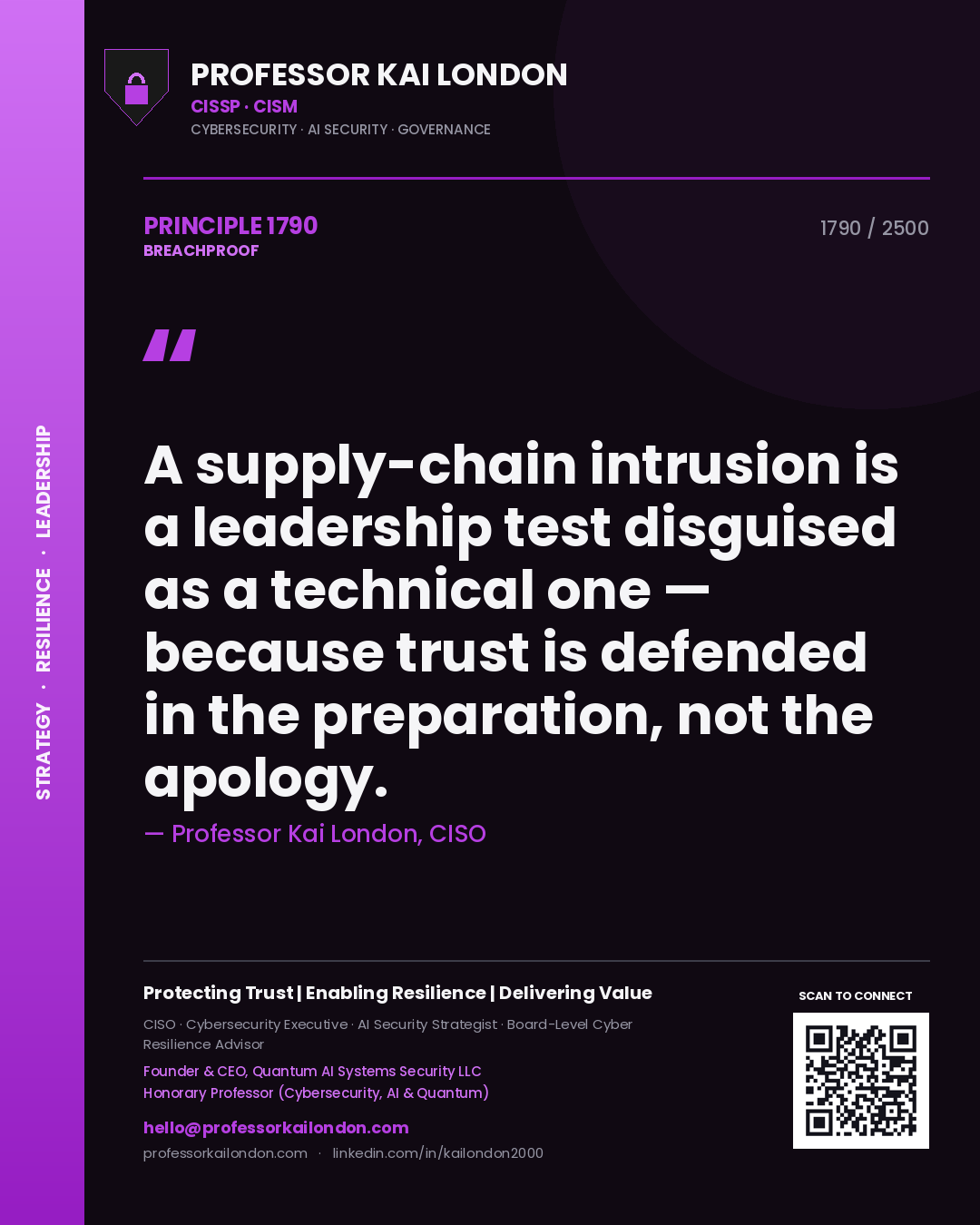 Quote card by Professor Kai London reading 'A supply-chain intrusion is a leadership test disguised as a technical one — because trust is defended in the preparation, not the apology.'. From the book Breachproof.