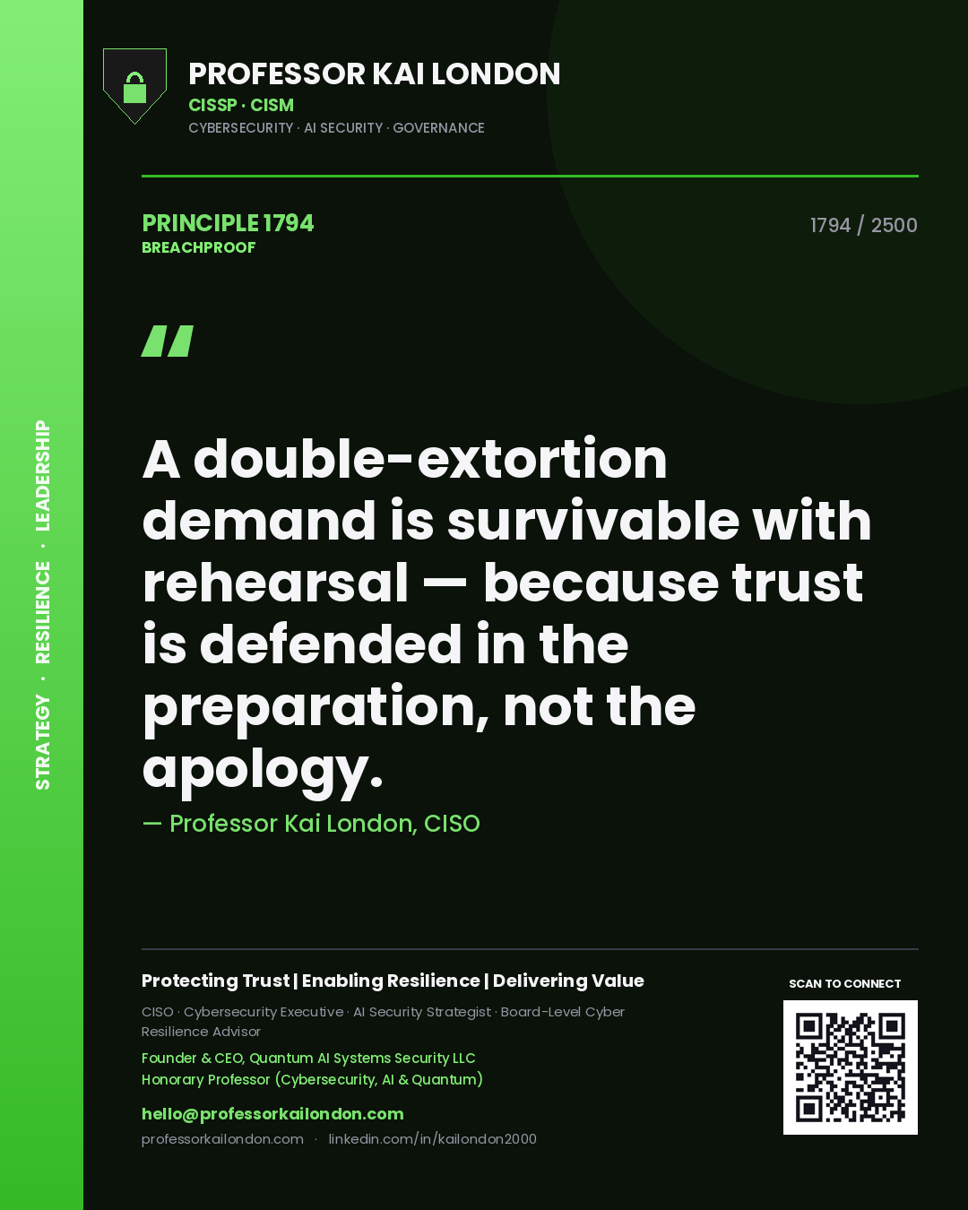 Quote card by Professor Kai London reading 'A double-extortion demand is survivable with rehearsal — because trust is defended in the preparation, not the apology.'. From the book Breachproof.