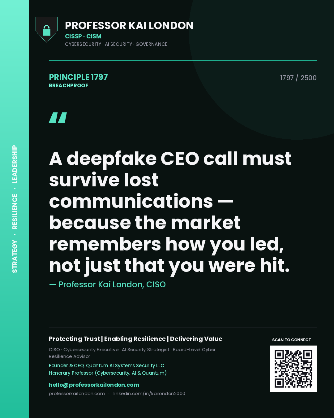 Quote card by Professor Kai London reading 'A deepfake CEO call must survive lost communications — because the market remembers how you led, not just that you were hit.'. From the book Breachproof.