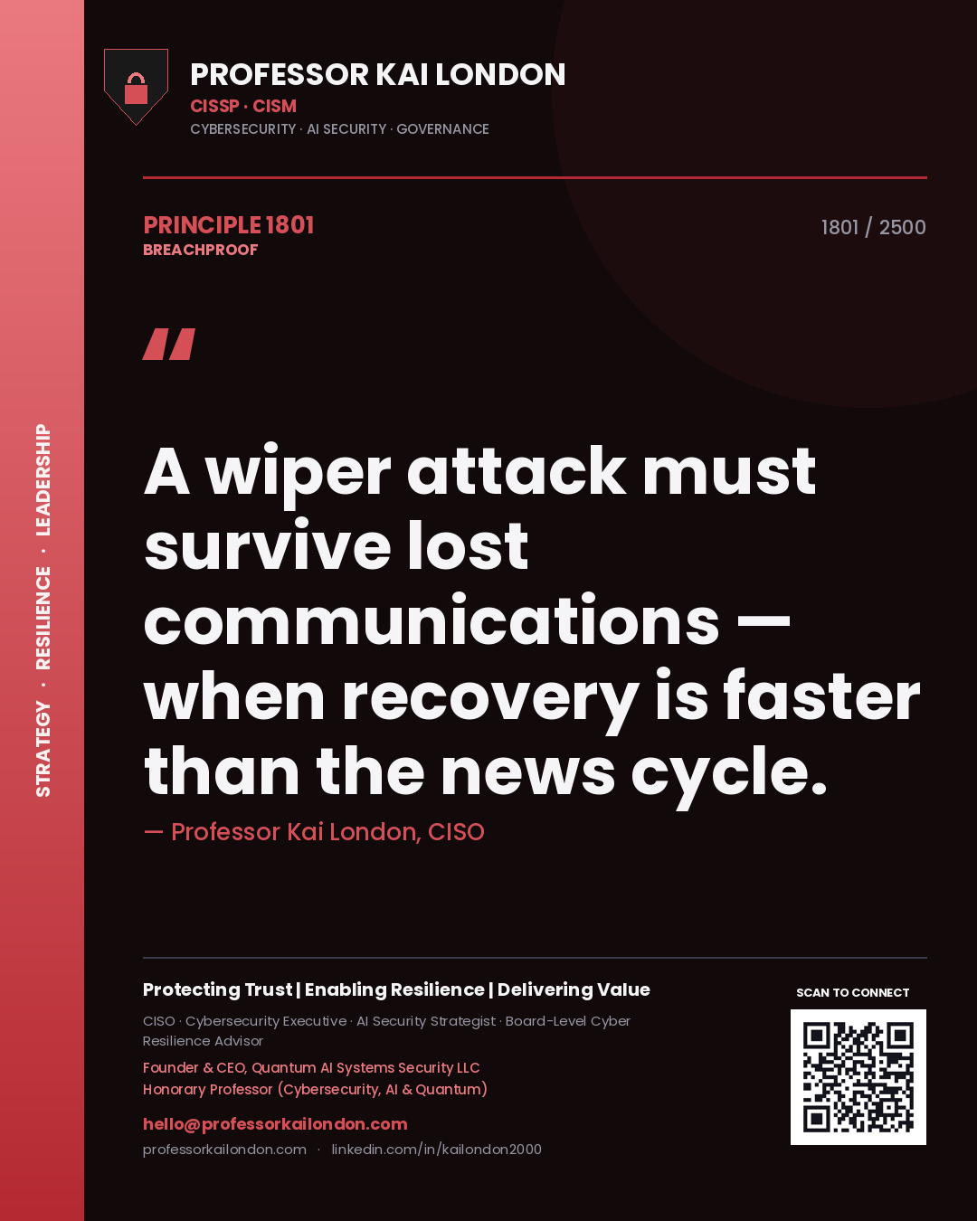Quote card by Professor Kai London reading 'A wiper attack must survive lost communications — when recovery is faster than the news cycle.'. From the book Breachproof.