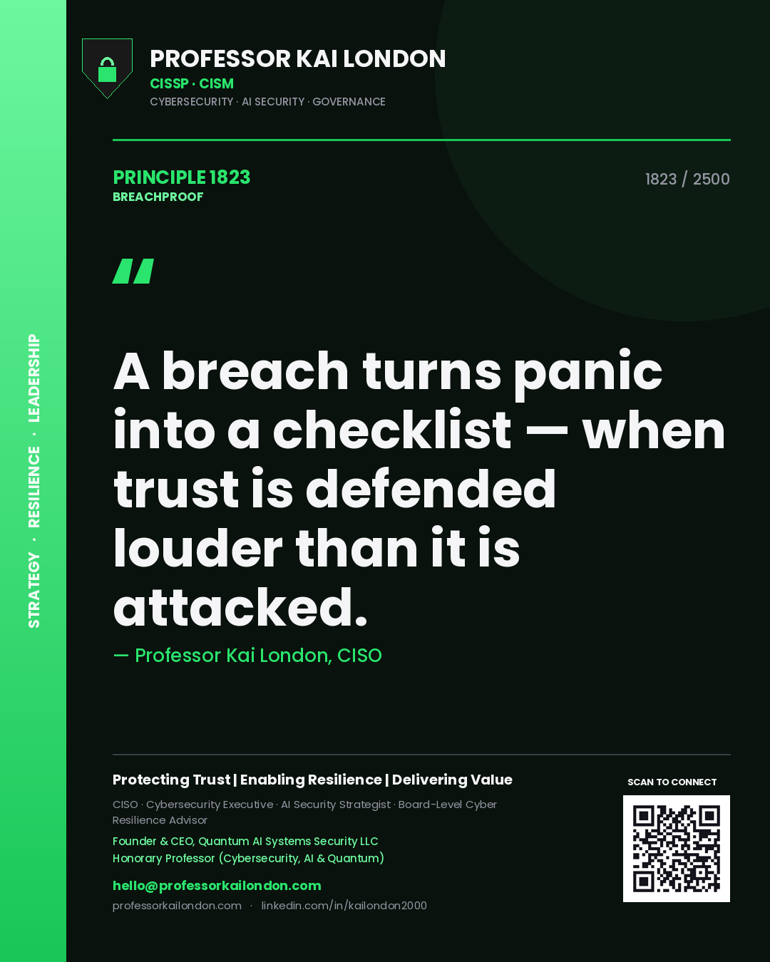 Quote card by Professor Kai London reading 'A breach turns panic into a checklist — when trust is defended louder than it is attacked.'. From the book Breachproof.