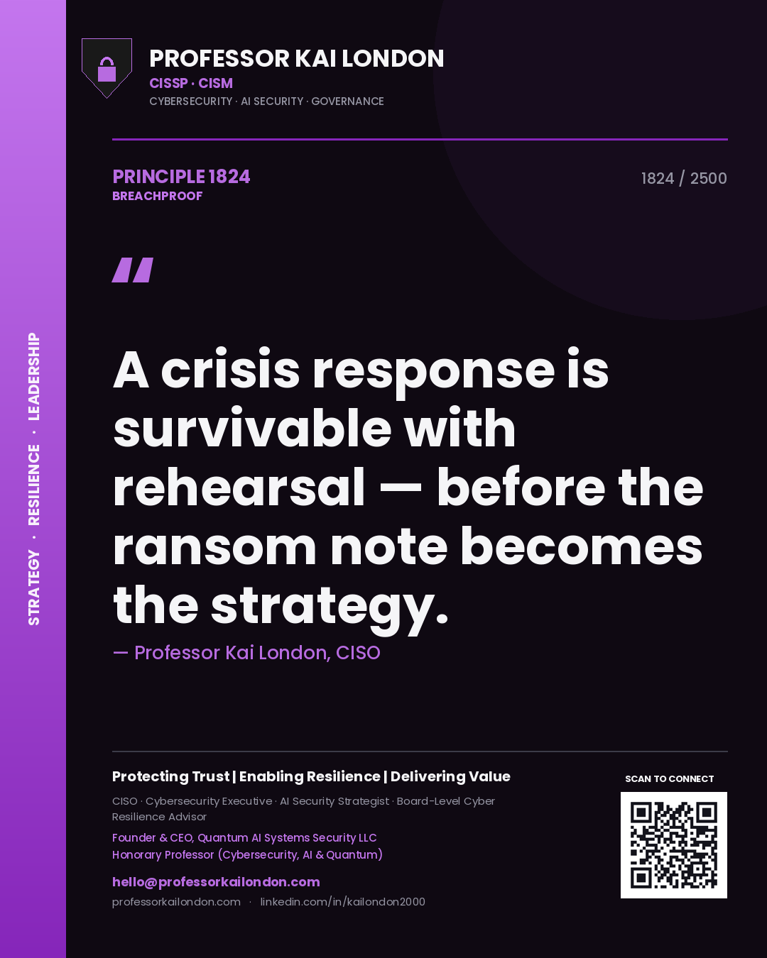 Quote card by Professor Kai London reading 'A crisis response is survivable with rehearsal — before the ransom note becomes the strategy.'. From the book Breachproof.