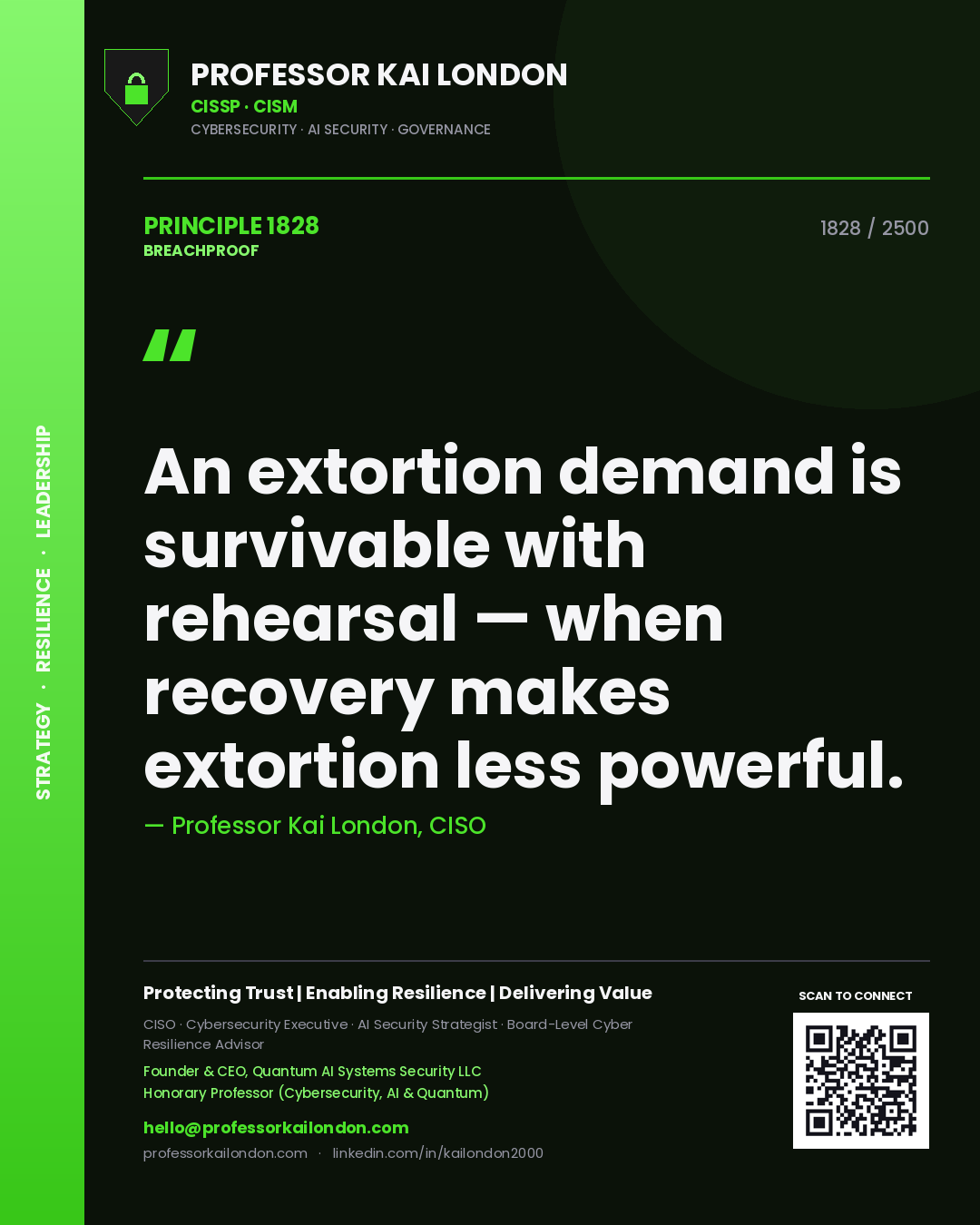 Quote card by Professor Kai London reading 'An extortion demand is survivable with rehearsal — when recovery makes extortion less powerful.'. From the book Breachproof.