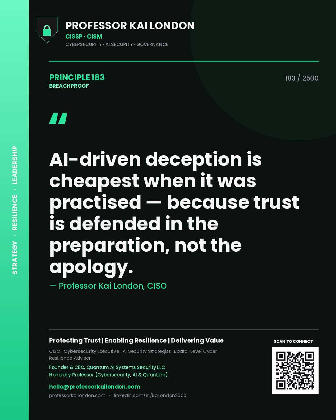 Quote card by Professor Kai London reading 'AI-driven deception is cheapest when it was practised — because trust is defended in the preparation, not the apology.'. From the book Breachproof.