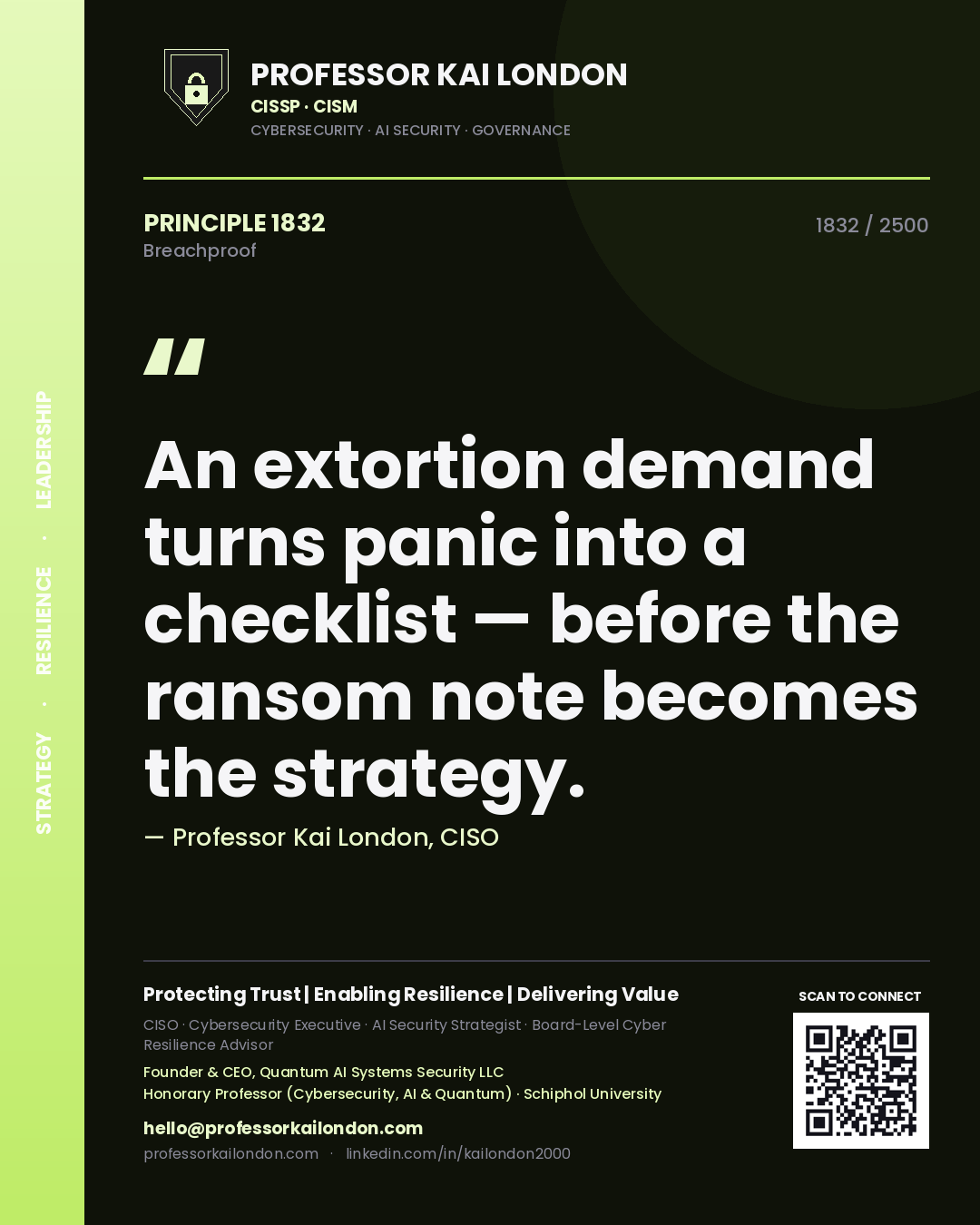 Professor Kai London principle 1832: An extortion demand turns panic into a checklist — before the ransom note becomes the strategy.