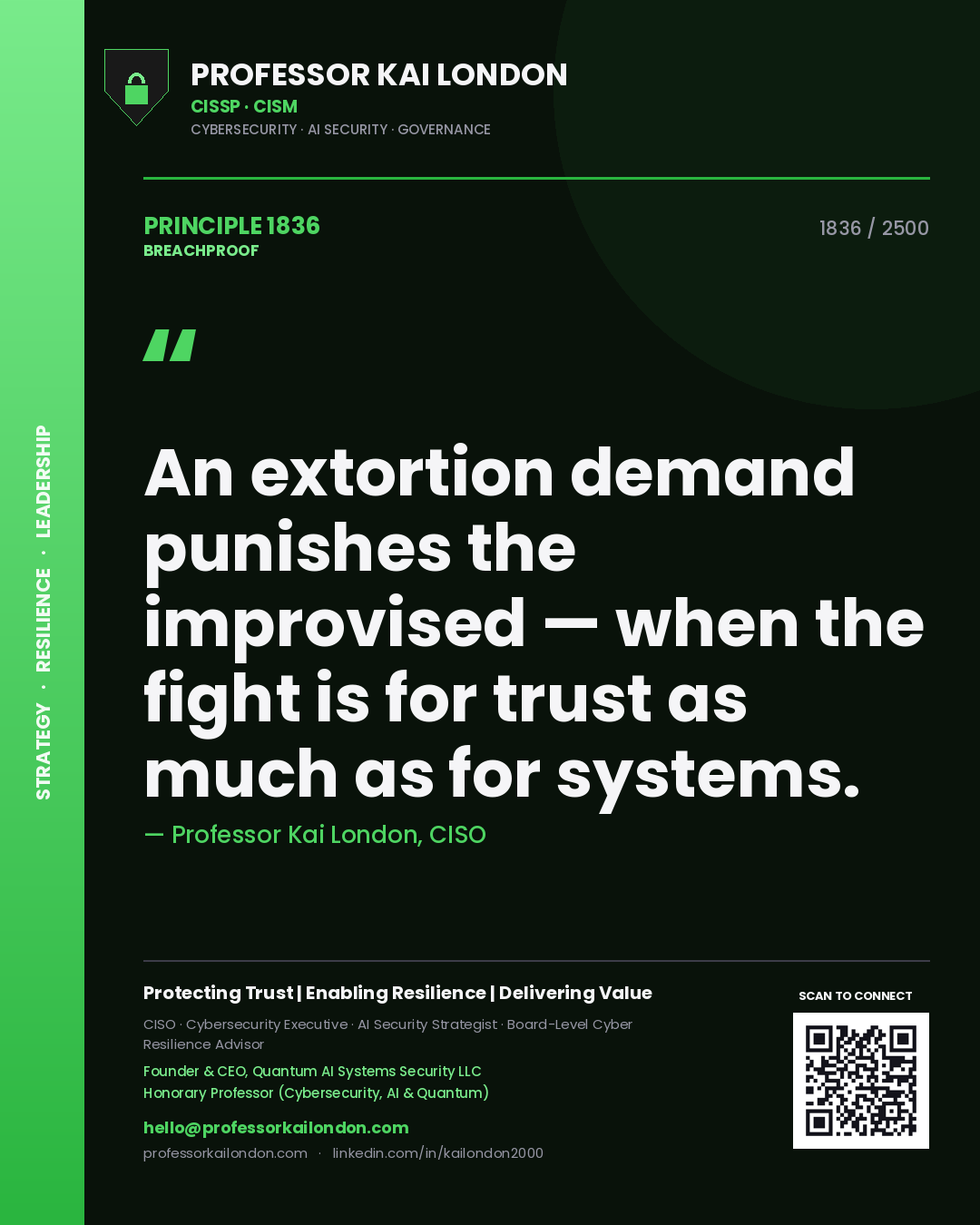 Quote card by Professor Kai London reading 'An extortion demand punishes the improvised — when the fight is for trust as much as for systems.'. From the book Breachproof.