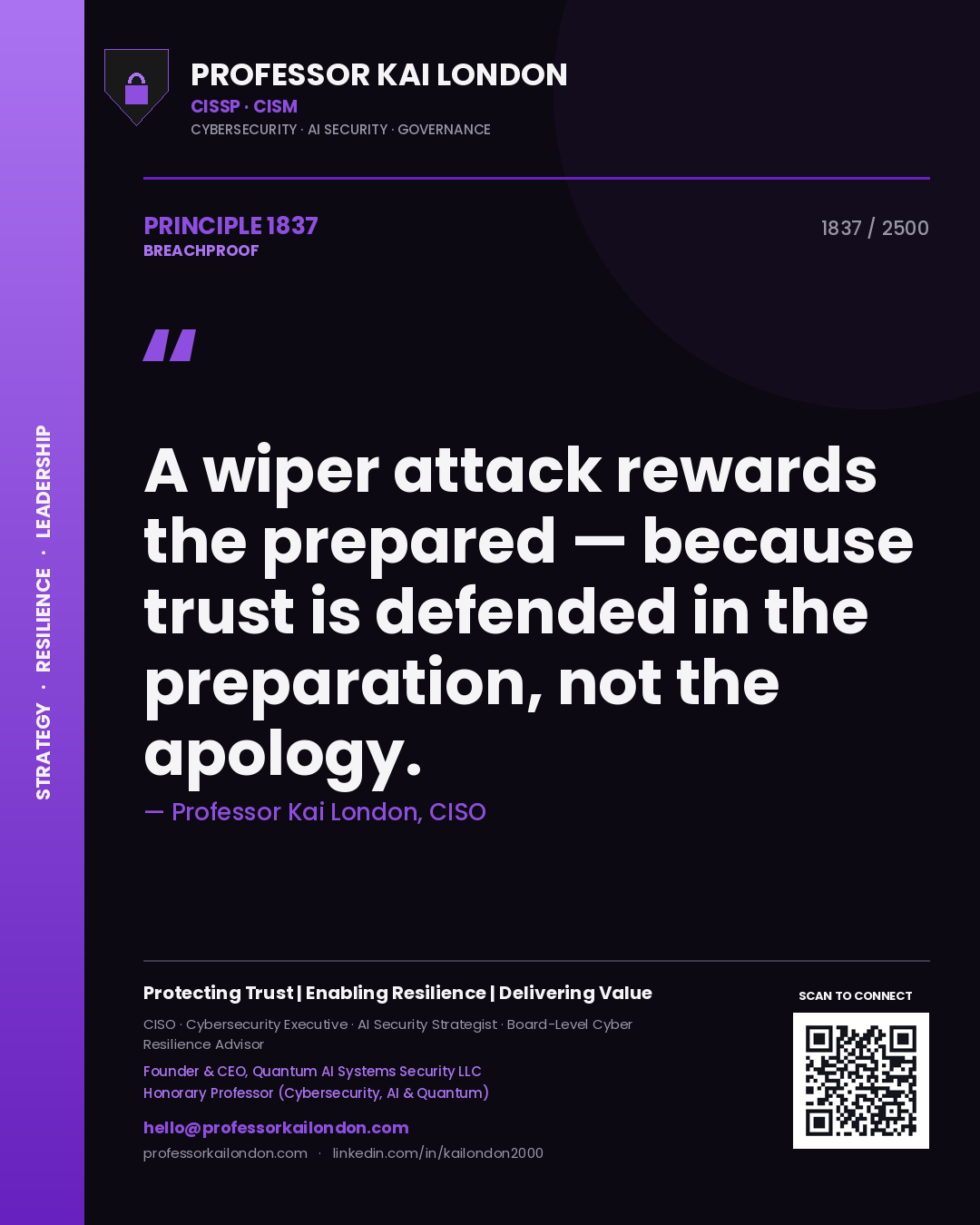Quote card by Professor Kai London reading 'A wiper attack rewards the prepared — because trust is defended in the preparation, not the apology.'. From the book Breachproof.