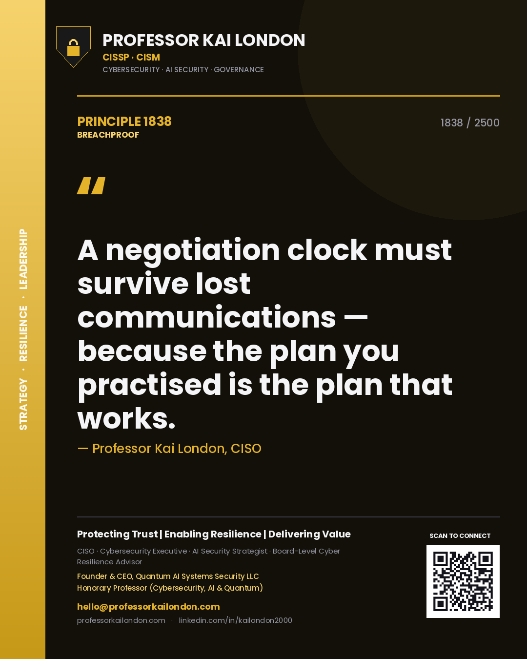 Professor Kai London principle 1838: A negotiation clock must survive lost communications — because the plan you practised is the plan that works.