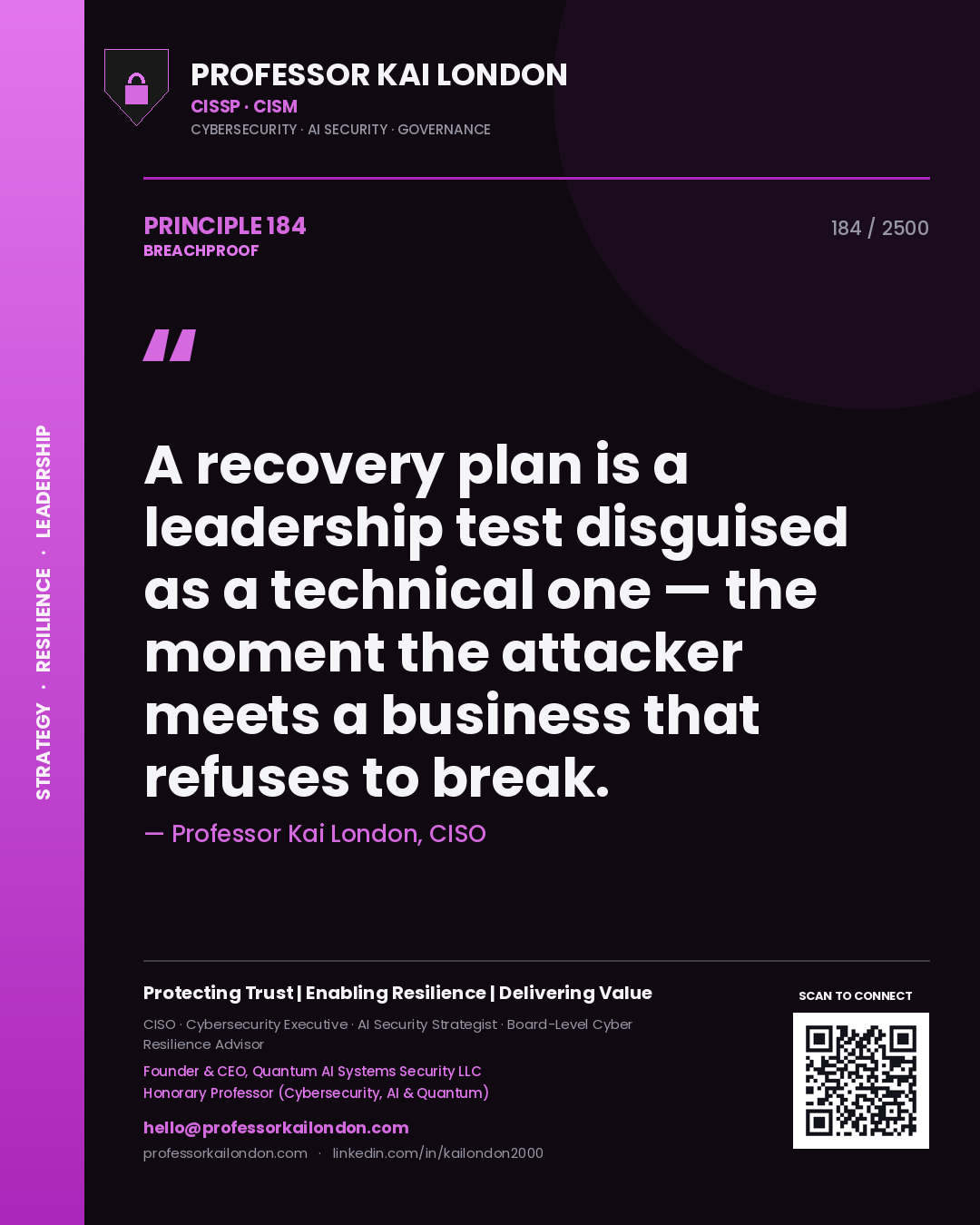 Quote card by Professor Kai London reading 'A recovery plan is a leadership test disguised as a technical one — the moment the attacker meets a business that refuses to break.'. From the book Breachproof.