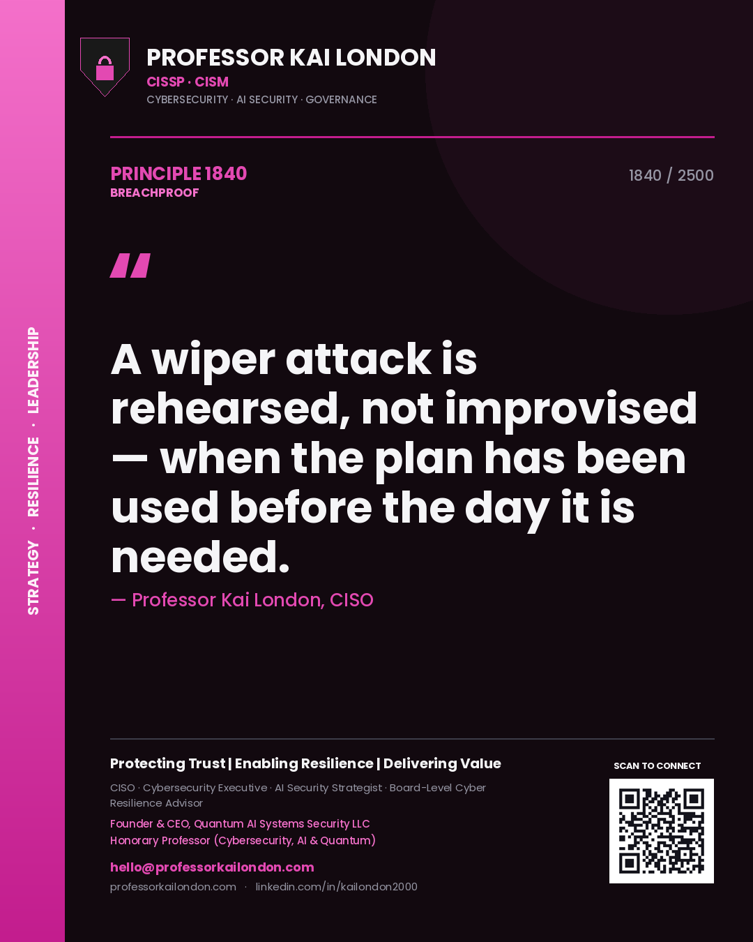 Quote card by Professor Kai London reading 'A wiper attack is rehearsed, not improvised — when the plan has been used before the day it is needed.'. From the book Breachproof.
