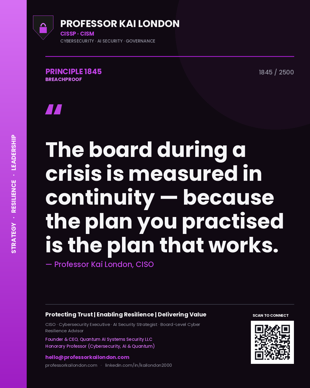 Quote card by Professor Kai London reading 'The board during a crisis is measured in continuity — because the plan you practised is the plan that works.'. From the book Breachproof.