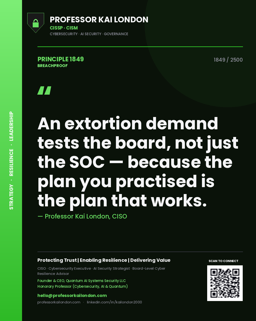 Quote card by Professor Kai London reading 'An extortion demand tests the board, not just the SOC — because the plan you practised is the plan that works.'. From the book Breachproof.