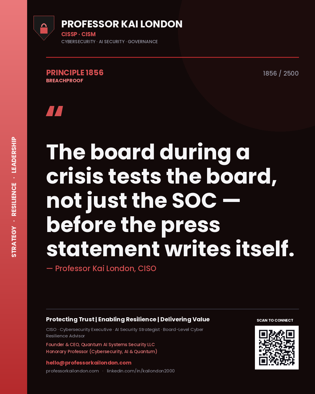 Quote card by Professor Kai London reading 'The board during a crisis tests the board, not just the SOC — before the press statement writes itself.'. From the book Breachproof.