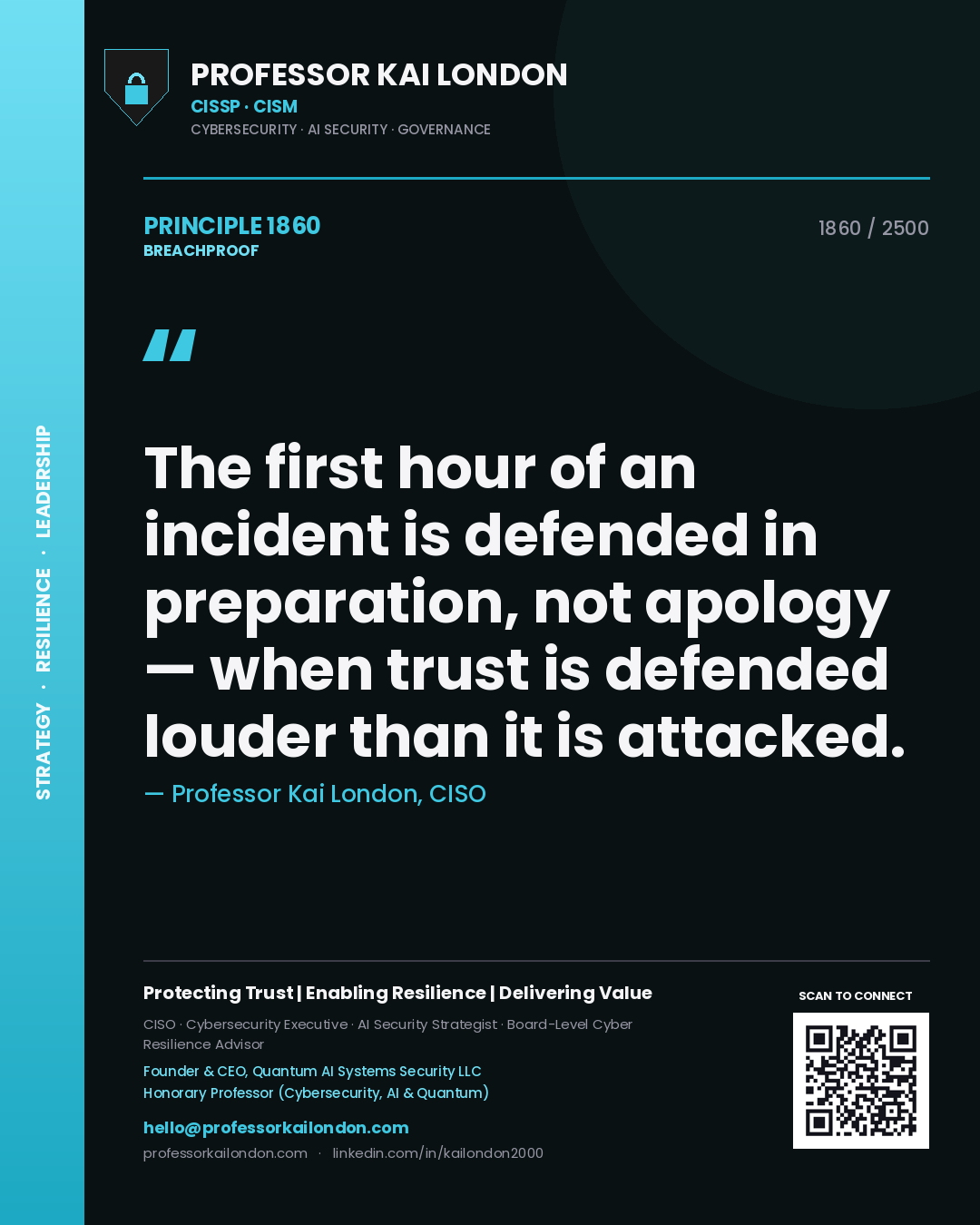 Professor Kai London principle 1860: The first hour of an incident is defended in preparation, not apology — when trust is defended louder than it is attacked.
