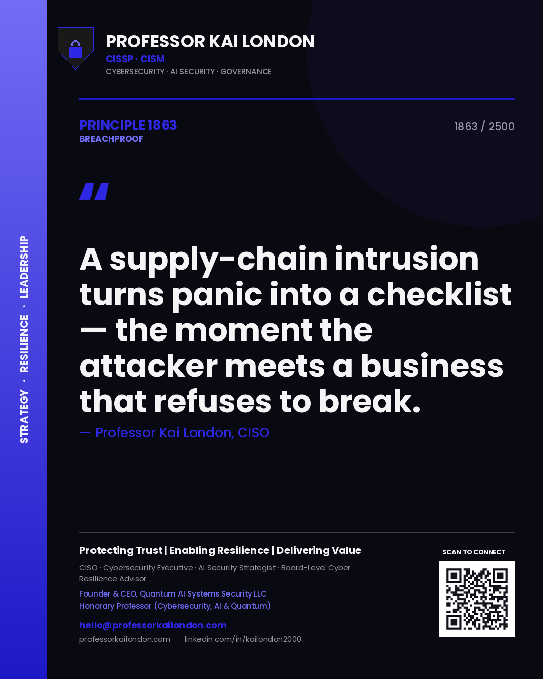 Quote card by Professor Kai London reading 'A supply-chain intrusion turns panic into a checklist — the moment the attacker meets a business that refuses to break.'. From the book Breachproof.