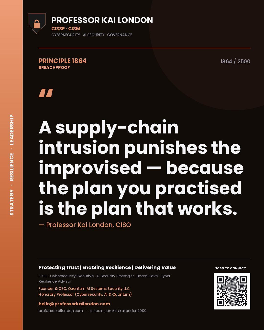 Quote card by Professor Kai London reading 'A supply-chain intrusion punishes the improvised — because the plan you practised is the plan that works.'. From the book Breachproof.