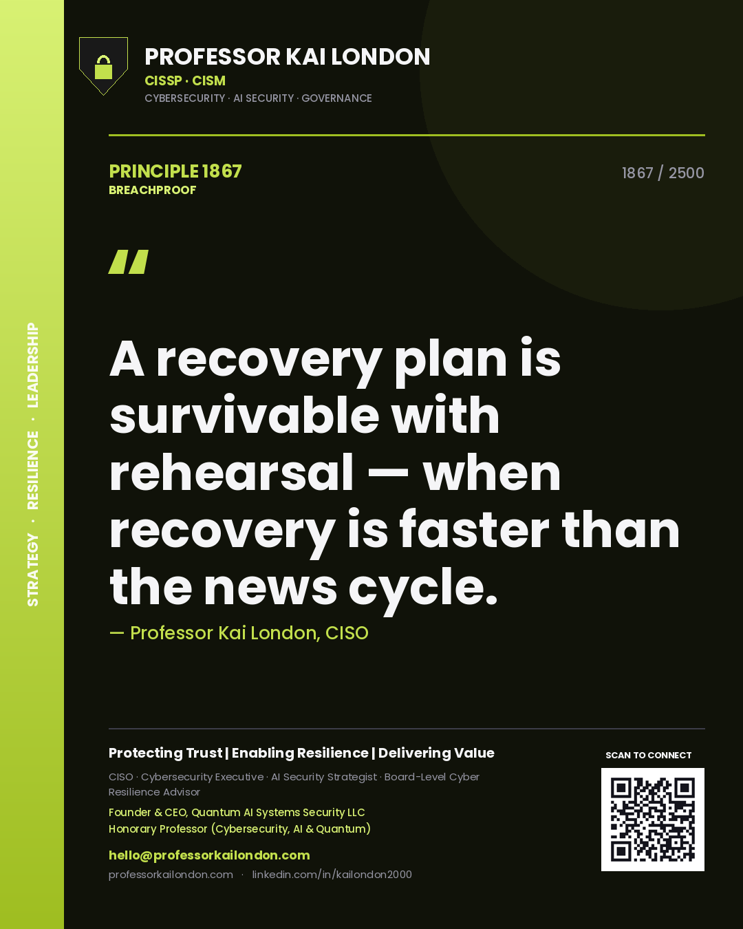 Professor Kai London principle 1867: A recovery plan is survivable with rehearsal — when recovery is faster than the news cycle.