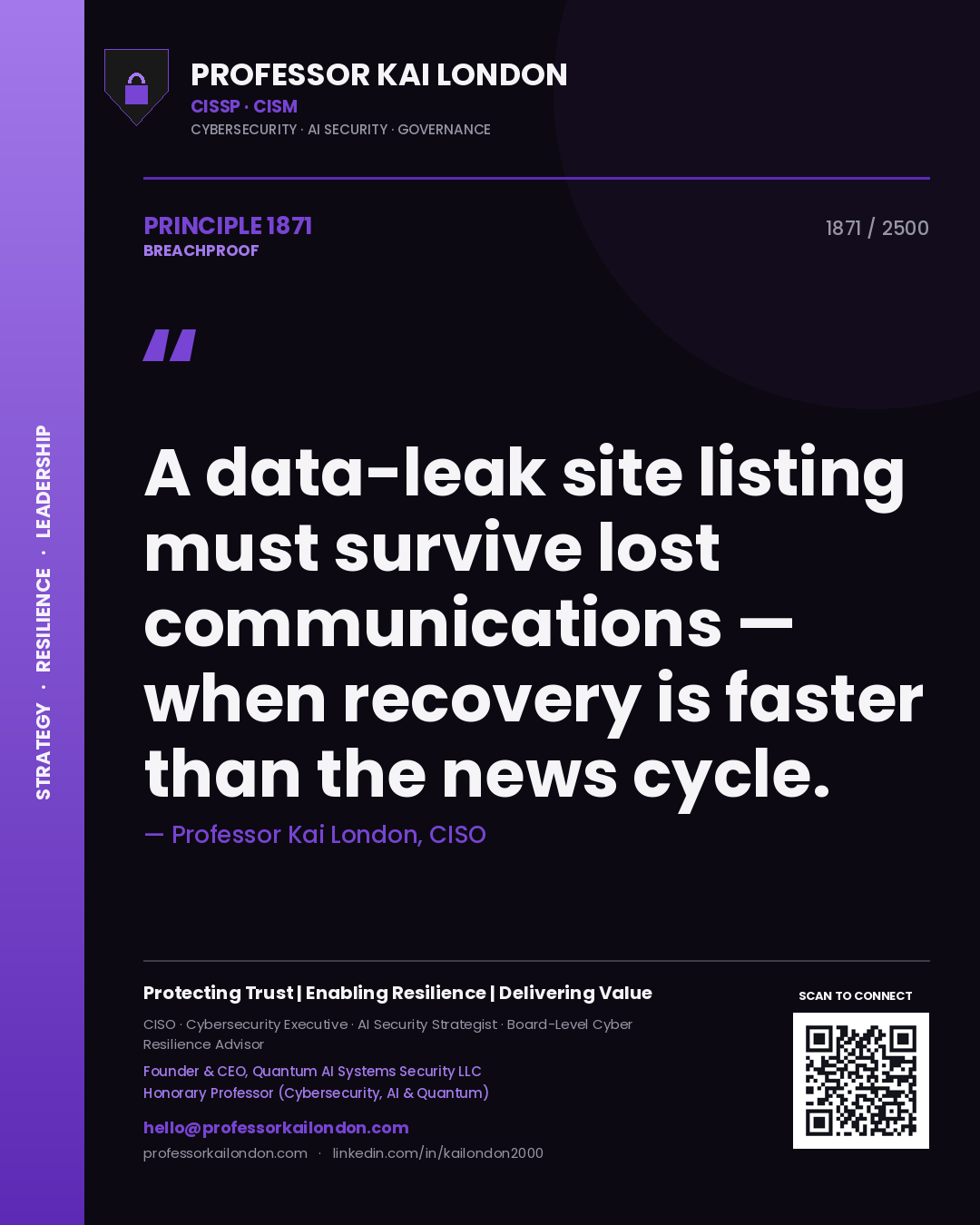 Quote card by Professor Kai London reading 'A data-leak site listing must survive lost communications — when recovery is faster than the news cycle.'. From the book Breachproof.