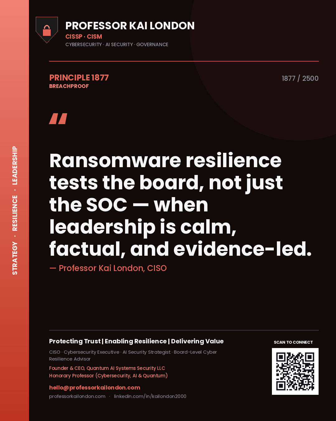 Quote card by Professor Kai London reading 'Ransomware resilience tests the board, not just the SOC — when leadership is calm, factual, and evidence-led.'. From the book Breachproof.