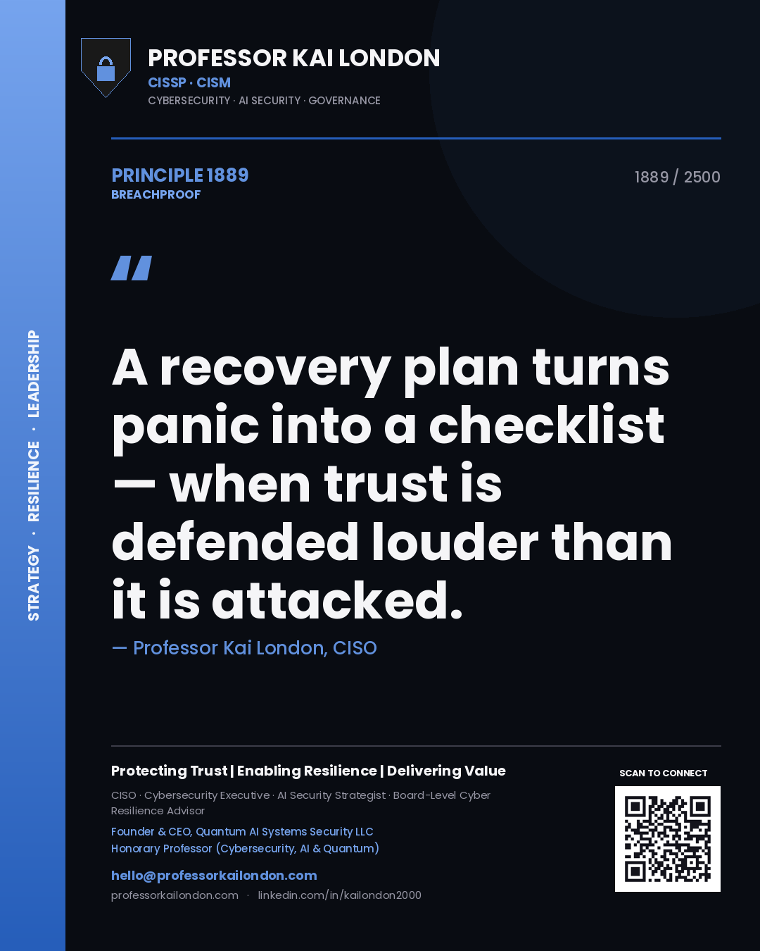 Quote card by Professor Kai London reading 'A recovery plan turns panic into a checklist — when trust is defended louder than it is attacked.'. From the book Breachproof.
