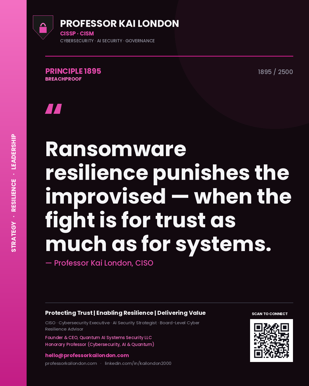 Quote card by Professor Kai London reading 'Ransomware resilience punishes the improvised — when the fight is for trust as much as for systems.'. From the book Breachproof.
