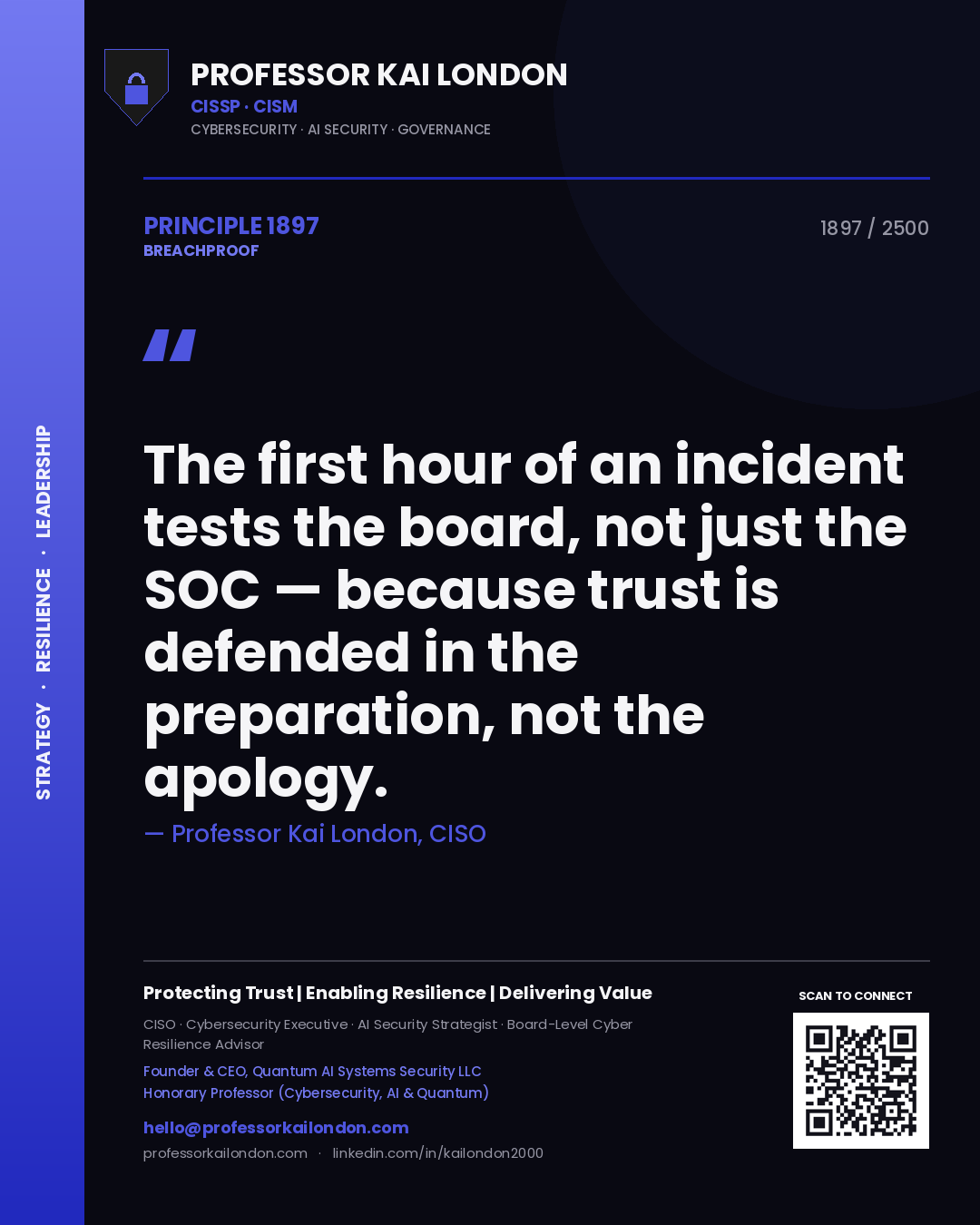 Quote card by Professor Kai London reading 'The first hour of an incident tests the board, not just the SOC — because trust is defended in the preparation, not the apology.'. From the book Breachproof.