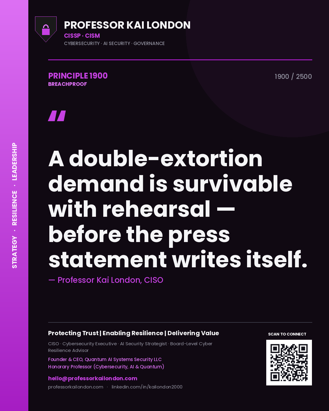 Quote card by Professor Kai London reading 'A double-extortion demand is survivable with rehearsal — before the press statement writes itself.'. From the book Breachproof.