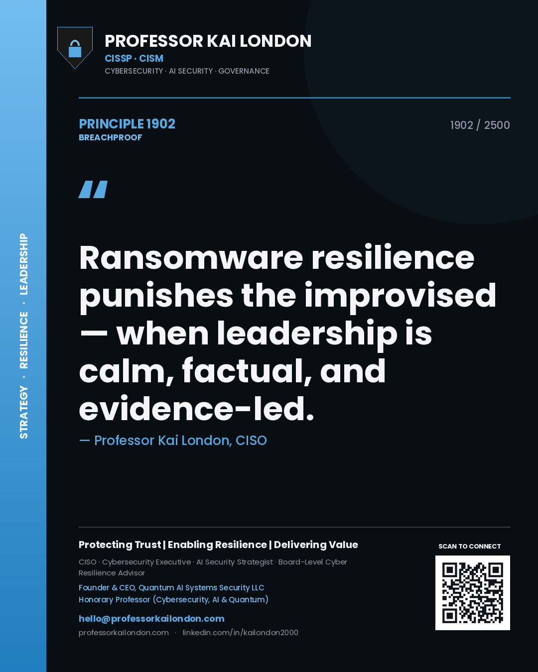 Quote card by Professor Kai London reading 'Ransomware resilience punishes the improvised — when leadership is calm, factual, and evidence-led.'. From the book Breachproof.