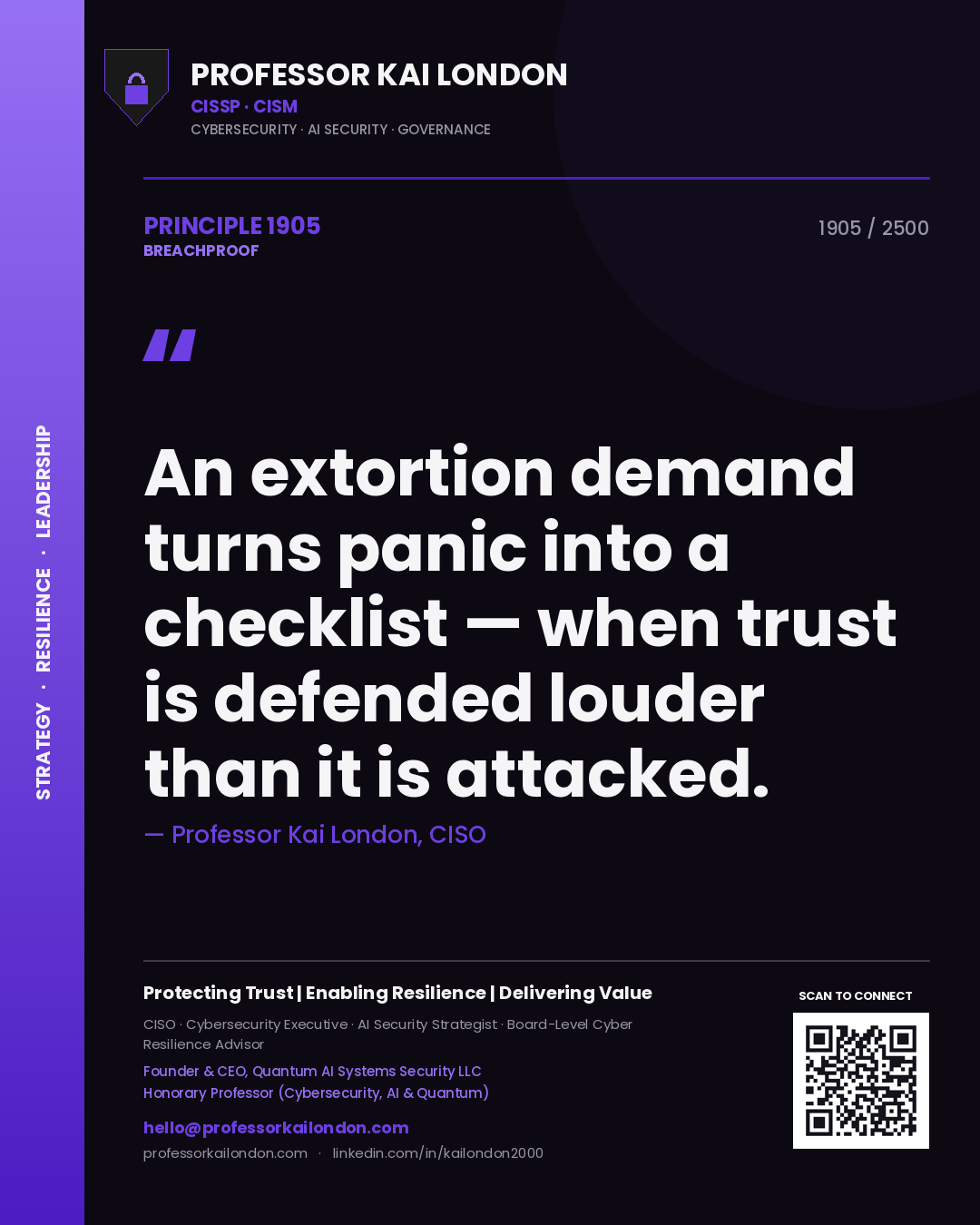 Professor Kai London principle 1905: An extortion demand turns panic into a checklist — when trust is defended louder than it is attacked.