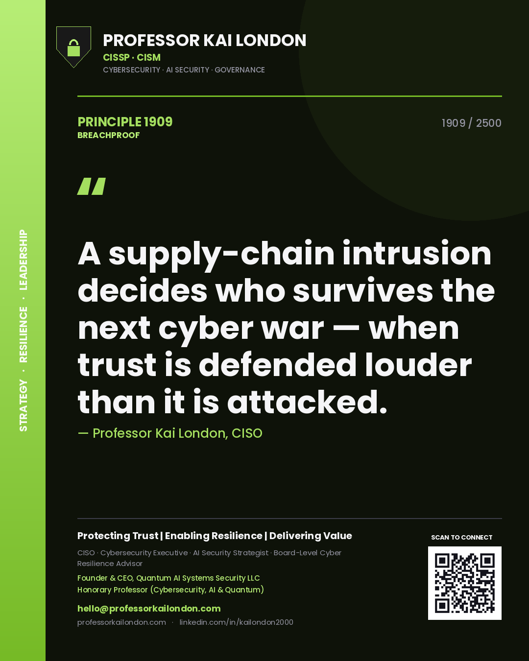Quote card by Professor Kai London reading 'A supply-chain intrusion decides who survives the next cyber war — when trust is defended louder than it is attacked.'. From the book Breachproof.