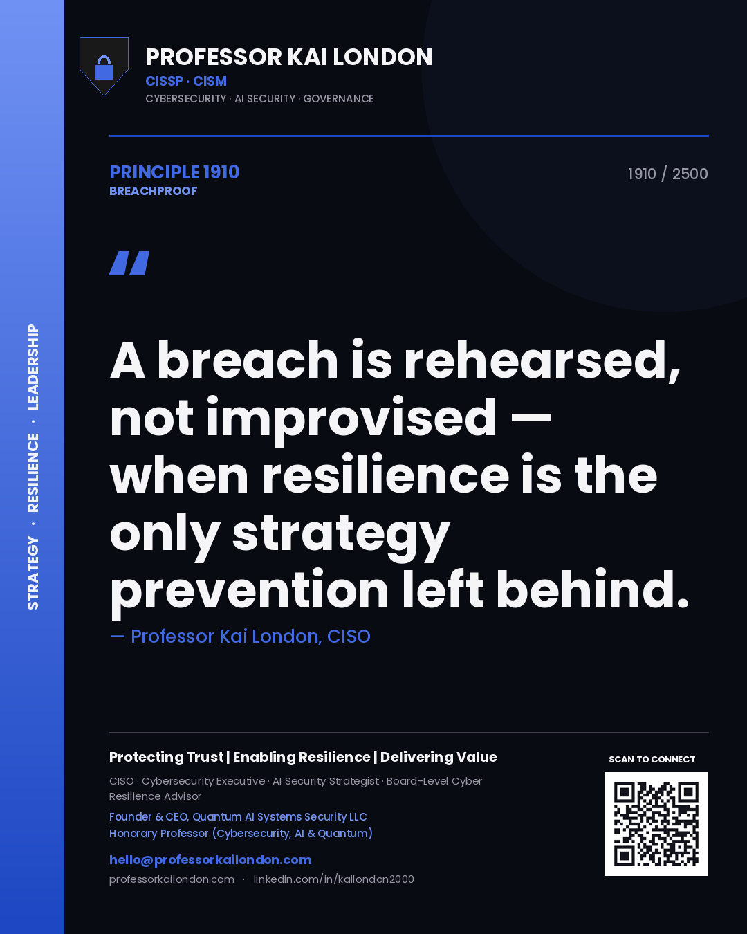 Quote card by Professor Kai London reading 'A breach is rehearsed, not improvised — when resilience is the only strategy prevention left behind.'. From the book Breachproof.
