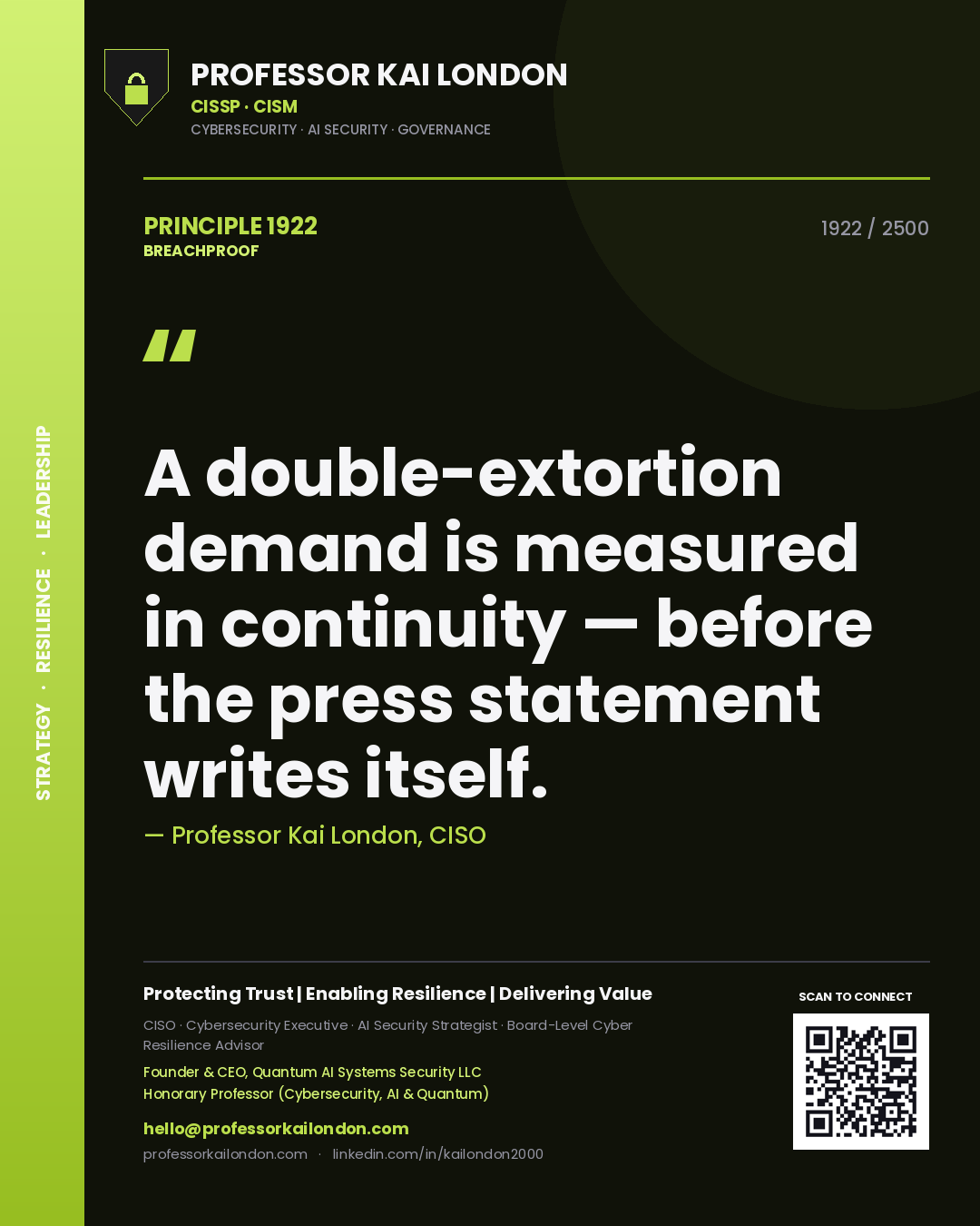 Quote card by Professor Kai London reading 'A double-extortion demand is measured in continuity — before the press statement writes itself.'. From the book Breachproof.