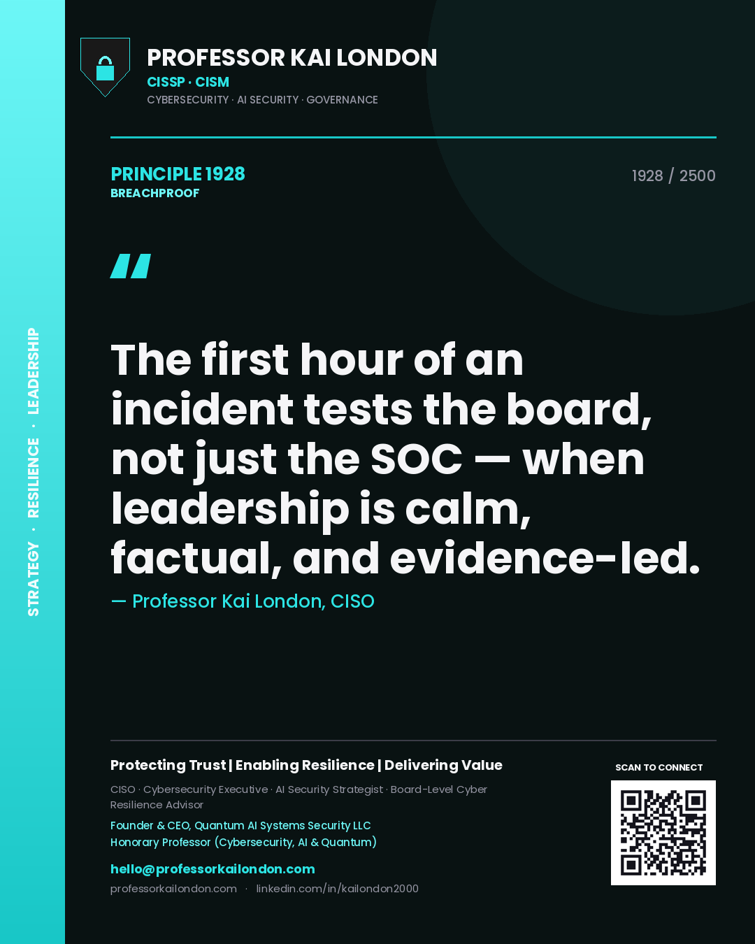 Quote card by Professor Kai London reading 'The first hour of an incident tests the board, not just the SOC — when leadership is calm, factual, and evidence-led.'. From the book Breachproof.