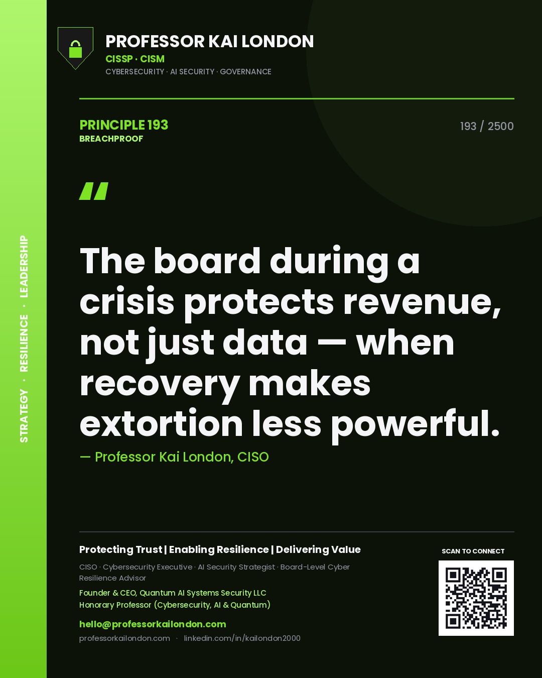 Quote card by Professor Kai London reading 'The board during a crisis protects revenue, not just data — when recovery makes extortion less powerful.'. From the book Breachproof.