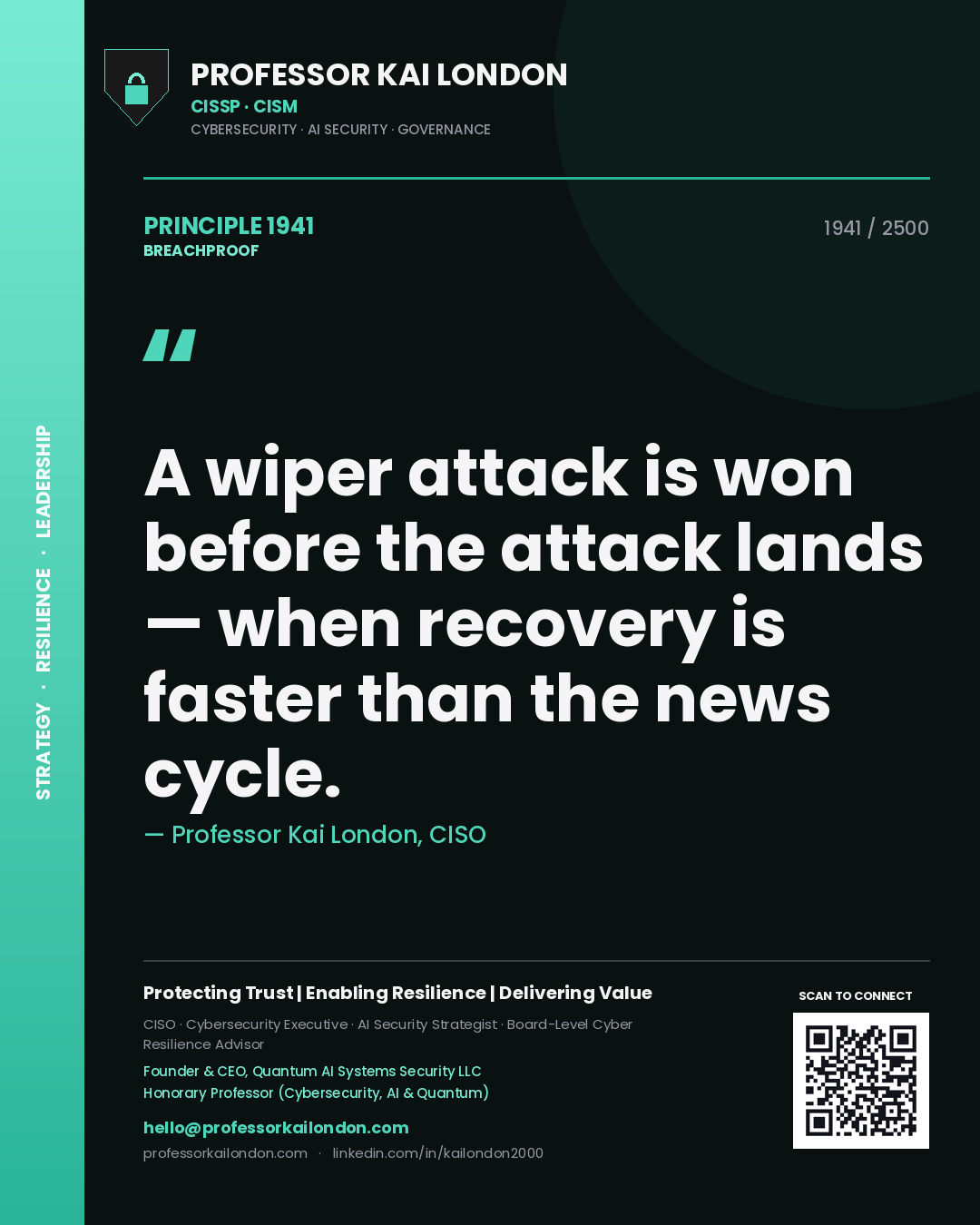 Quote card by Professor Kai London reading 'A wiper attack is won before the attack lands — when recovery is faster than the news cycle.'. From the book Breachproof.