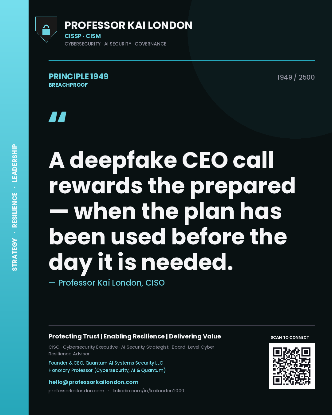 Quote card by Professor Kai London reading 'A deepfake CEO call rewards the prepared — when the plan has been used before the day it is needed.'. From the book Breachproof.