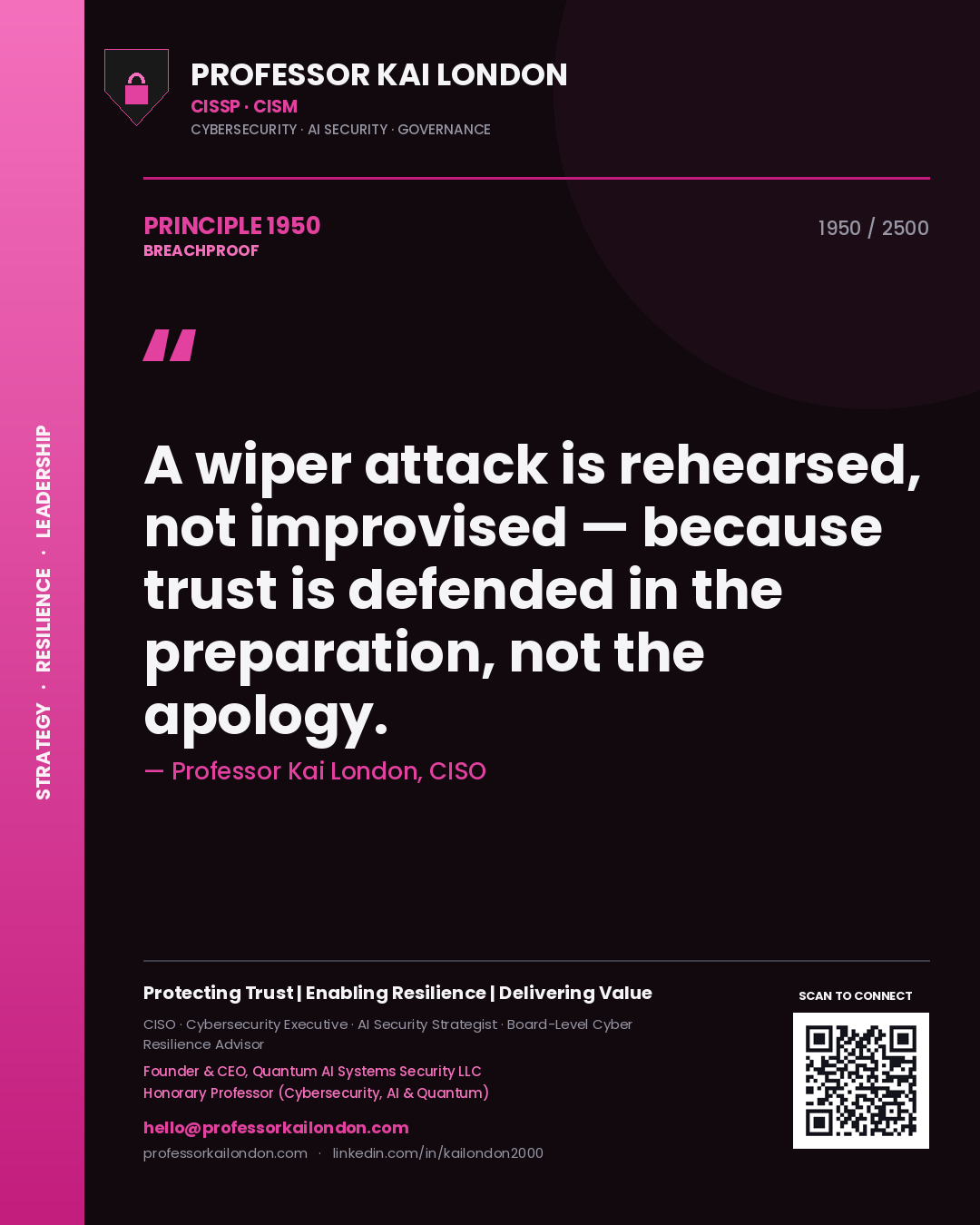 Quote card by Professor Kai London reading 'A wiper attack is rehearsed, not improvised — because trust is defended in the preparation, not the apology.'. From the book Breachproof.