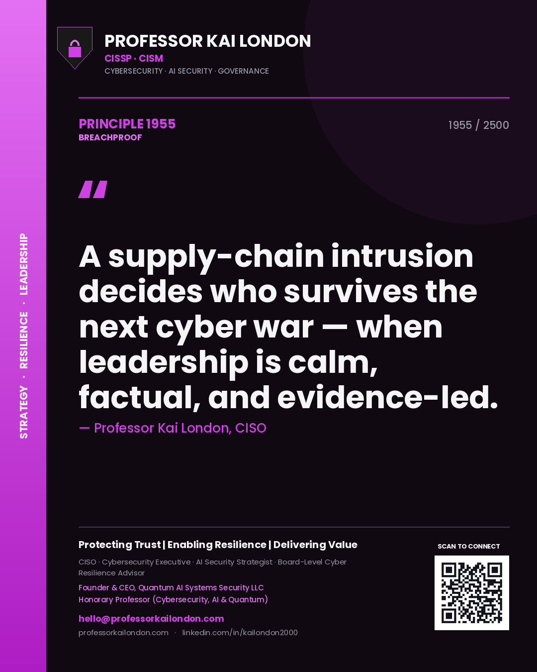 Quote card by Professor Kai London reading 'A supply-chain intrusion decides who survives the next cyber war — when leadership is calm, factual, and evidence-led.'. From the book Breachproof.