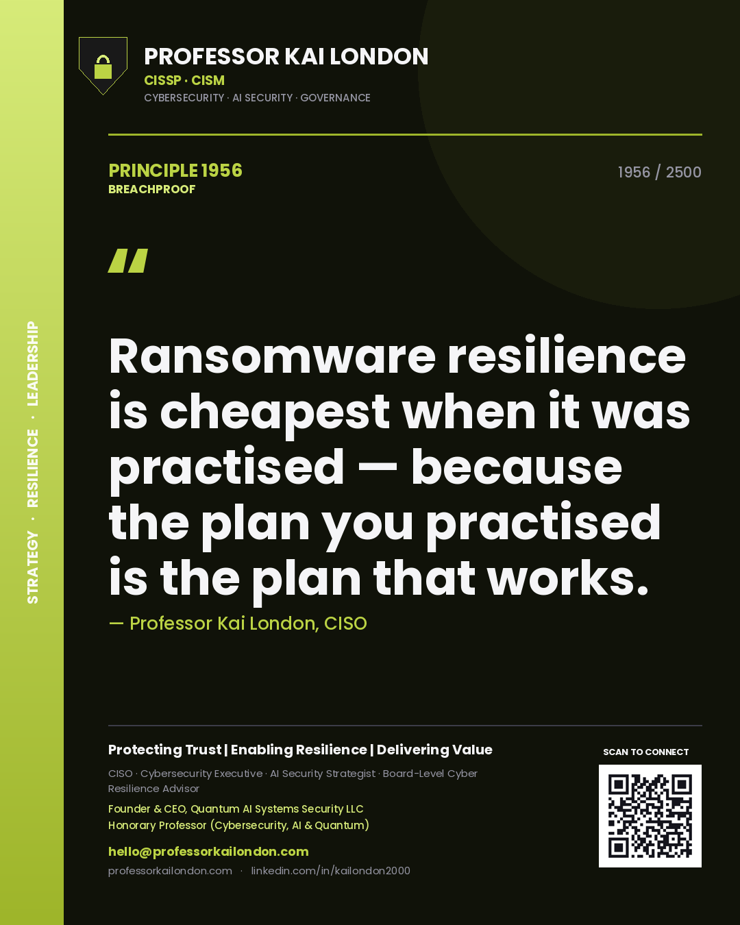 Quote card by Professor Kai London reading 'Ransomware resilience is cheapest when it was practised — because the plan you practised is the plan that works.'. From the book Breachproof.