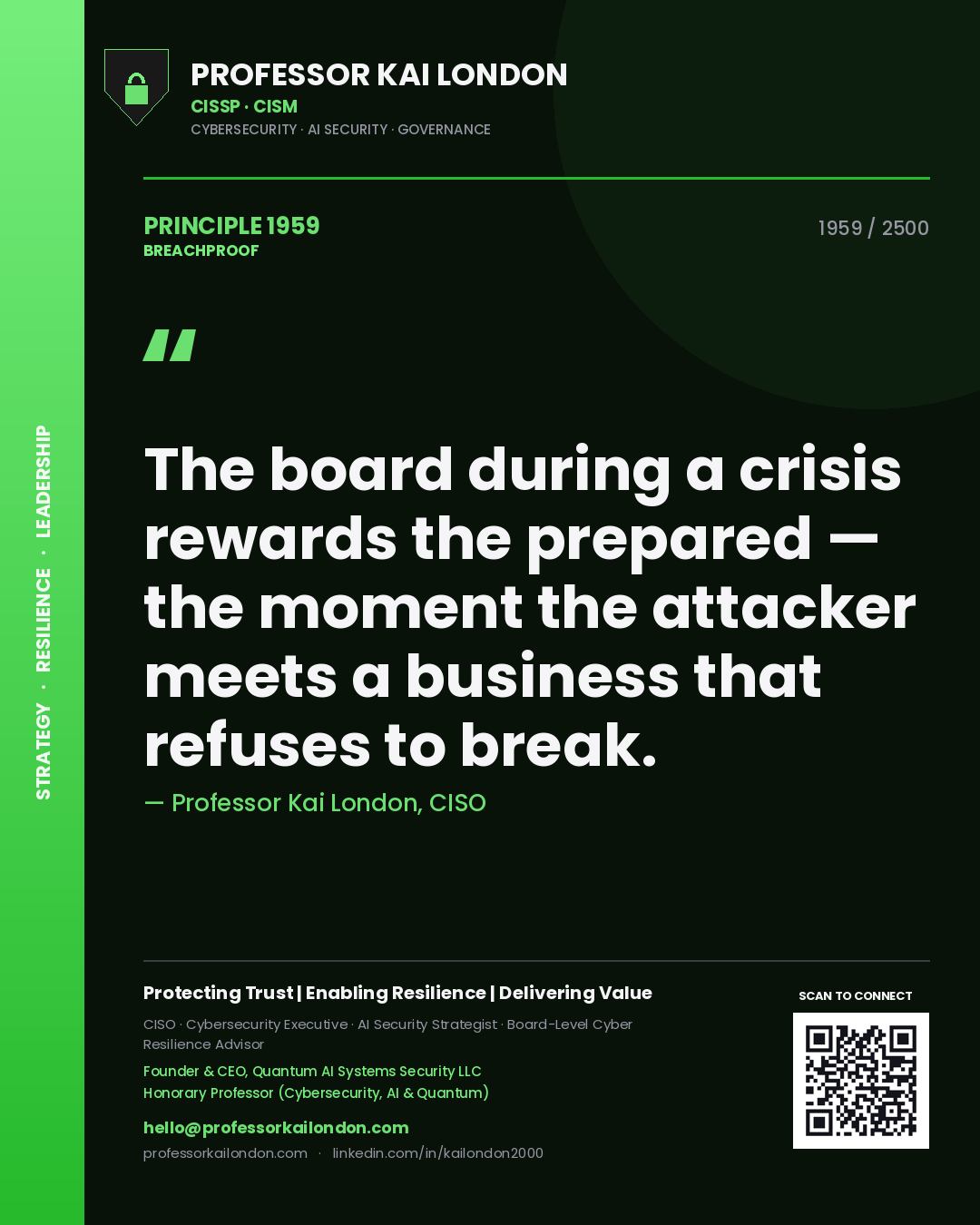 Quote card by Professor Kai London reading 'The board during a crisis rewards the prepared — the moment the attacker meets a business that refuses to break.'. From the book Breachproof.
