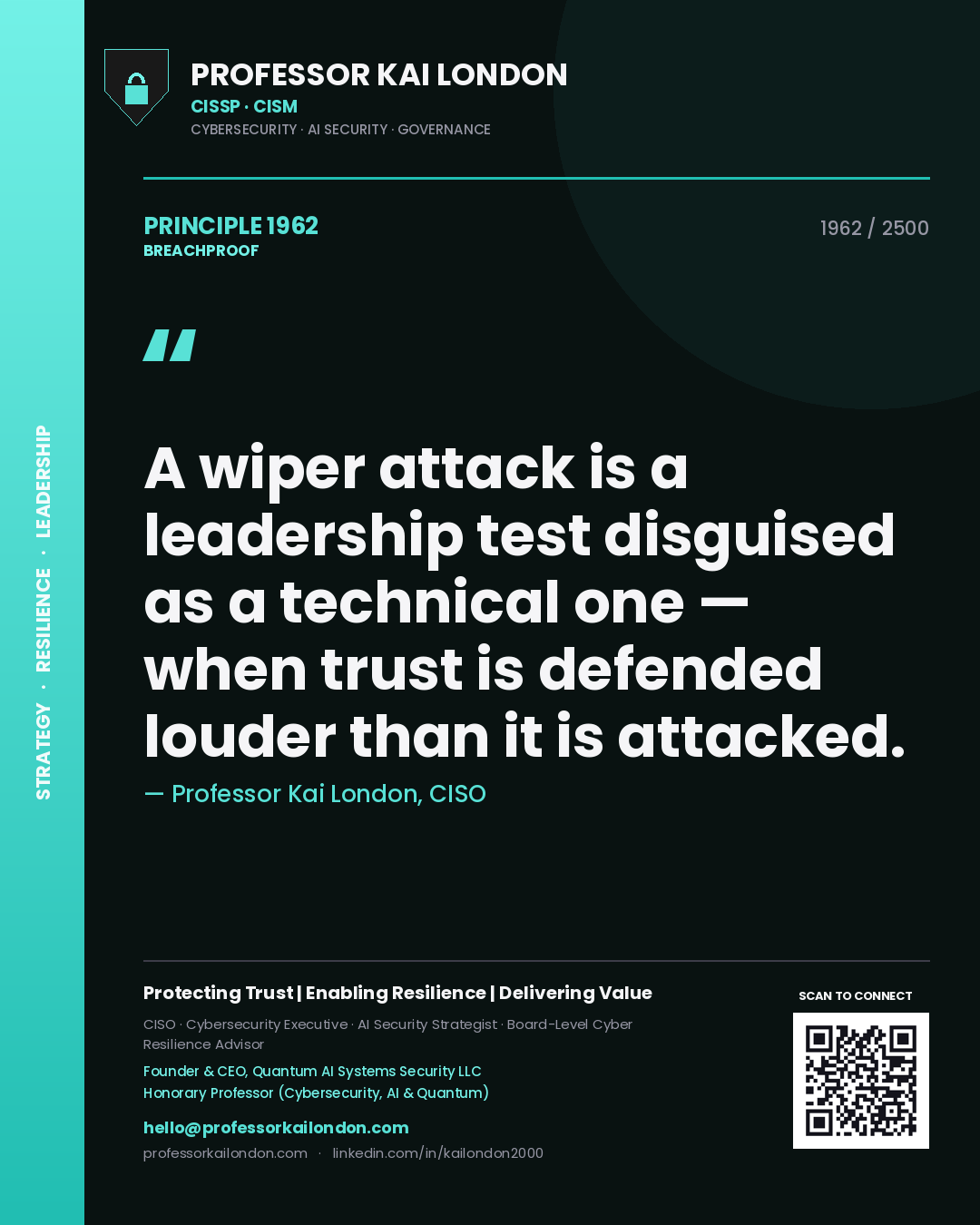 Quote card by Professor Kai London reading 'A wiper attack is a leadership test disguised as a technical one — when trust is defended louder than it is attacked.'. From the book Breachproof.