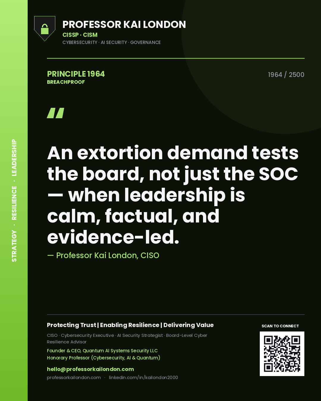 Quote card by Professor Kai London reading 'An extortion demand tests the board, not just the SOC — when leadership is calm, factual, and evidence-led.'. From the book Breachproof.