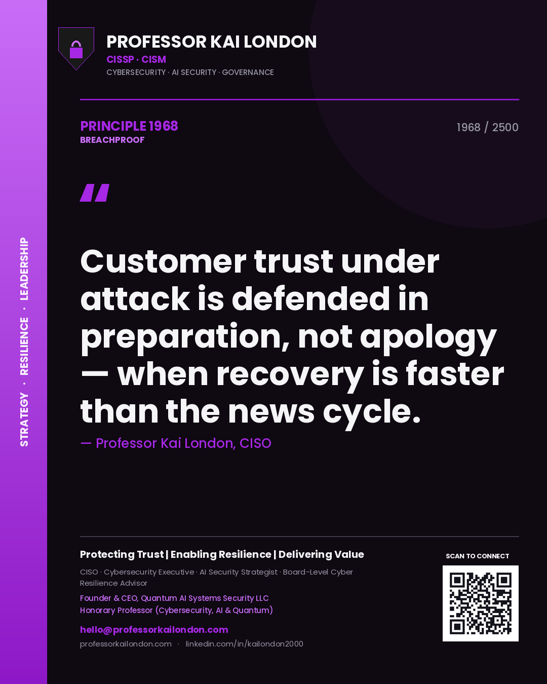 Quote card by Professor Kai London reading 'Customer trust under attack is defended in preparation, not apology — when recovery is faster than the news cycle.'. From the book Breachproof.